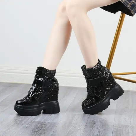 13cm内增高春秋单靴2023新款黑色漆皮高帮鞋超高跟短靴厚底马丁靴商品大图