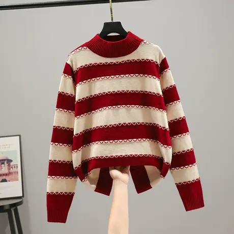 22109新款韩版宽松条纹半高领套头长袖针织衫毛衣女士上衣打底商品大图