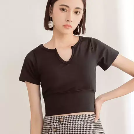 桔熊夏季高弹力带胸垫女外穿短袖露脐防走光打底上衣大码AB17665图片