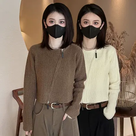 法式针织衫女秋冬2023新款小个子圆领双拉链长袖显瘦纯色毛衣上衣图片