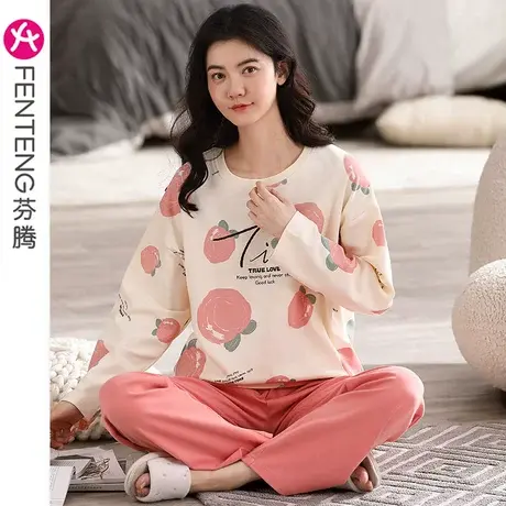 芬腾纯棉睡衣女春秋长袖圆领薄款甜美卡通少女宽松全棉家居服套装商品大图