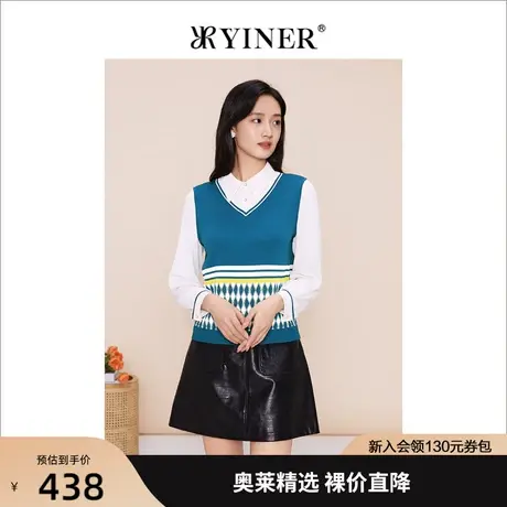 YINER音儿女装2023春季新款通勤撞色拼接假两件针织衫商品大图