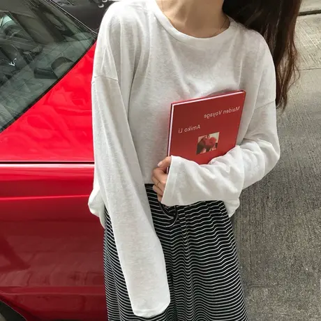 春秋季韩版2024新款慵懒风糖果色大码上衣女装中长款宽松长袖T恤图片