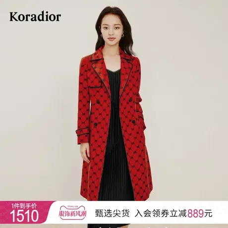 珂莱蒂尔女装2024年春季新款中红色格子拼接图案修身型风衣外套图片