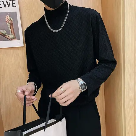 纯色长袖t恤男春秋款ins格子打底衫潮牌宽松卫衣秋季潮流内搭体恤商品大图