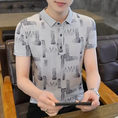 潮牌个性印花翻领短袖T恤男韩版潮流休闲有带领polo衫中年爸爸装商品大图