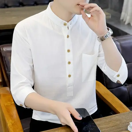 夏季纯棉短袖t恤男士潮流立领帅气带口袋上衣服宽松男装中袖体恤图片