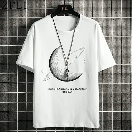 短袖男夏季潮流宽松印花五分半袖白T体恤衫学生棉感上衣青少年t恤商品大图