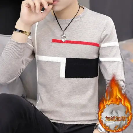 秋冬季圆领毛衣男士加绒加厚韩版潮流针织衫冬装上衣服保暖打底衫商品大图