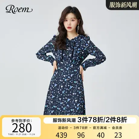 Roem扑克系列春秋商场同款新品时尚韩式碎花雪纺淑女中长连衣裙女图片