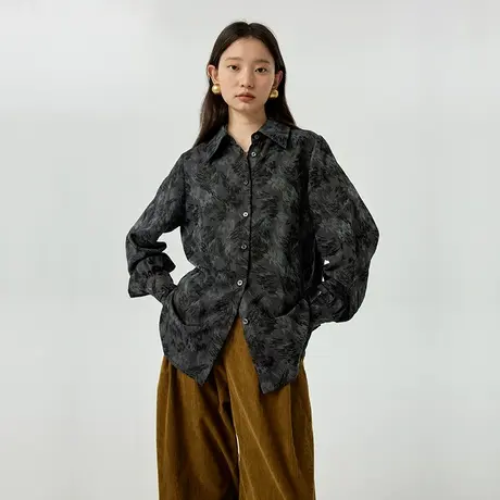 omont蛋挞家 复古暗纹提花长袖衬衫女2023秋冬新小众别致宽松衬衣商品大图