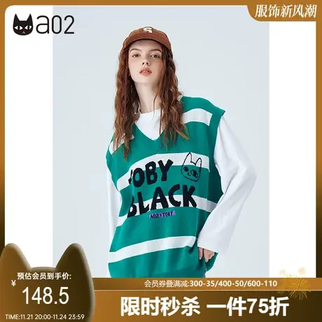 a02针织马甲女秋新款V领宽松字母针织条纹马甲甜酷学院风上衣商品大图