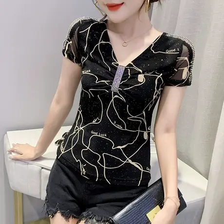 女装2023新款潮性感V领T恤女短袖夏复古印花上衣洋气显瘦网纱小衫商品大图