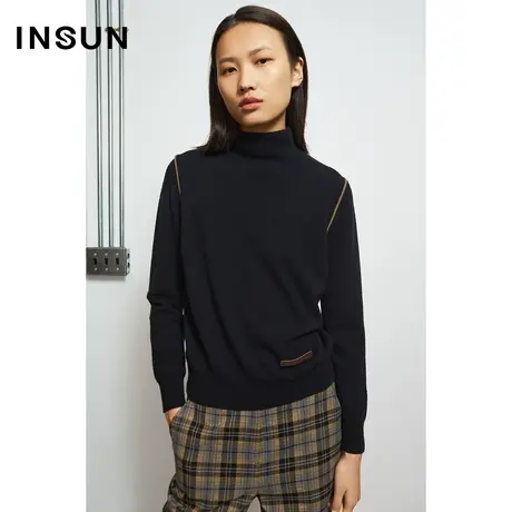 INSUN恩裳秋季拼接撞色圆领轻熟风毛针织衫商品大图