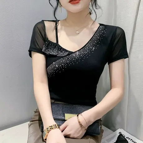 欧货性感网纱T恤女短袖2024夏季新款洋气荷叶边小衫烫钻V领上衣潮图片