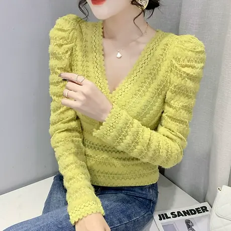 性感V领蕾丝打底衫女春秋欧货洋气泡泡袖小衫镂空雷丝上衣女长袖商品大图