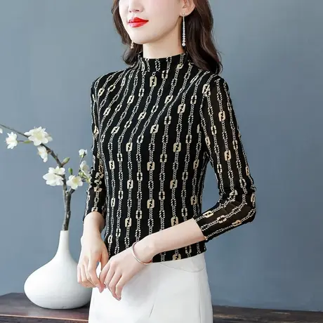 2023秋冬季新款网纱加绒厚长袖打底衫女高级感洋气内搭气质T恤女商品大图