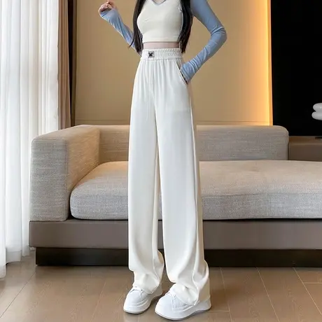 白色针织阔腿裤女2023春秋新款高腰显瘦窄版直筒抽绳休闲拖地裤子商品大图