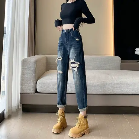 破洞牛仔裤女秋季2023年新款大码宽松高腰显瘦哈伦老爹乞丐裤子潮商品大图