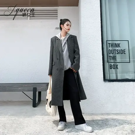 格子毛呢外套女秋冬韩版时尚复古休闲百搭宽松显瘦中长款西装大衣商品大图