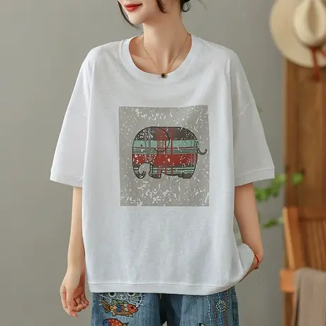 dza复古白色圆领短袖T恤女2023夏季薄款打底体恤宽松显瘦套头上衣图片