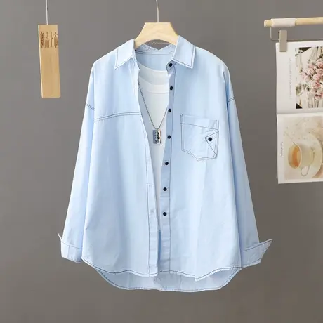 设计感小众纯棉蓝色衬衫女打底衫长袖纯色中长款休闲衬衣外套开衫商品大图