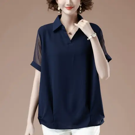 雪纺衫女短袖夏季新款加肥加大码女装宽松中年妈妈遮肚子显瘦上衣商品大图