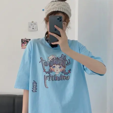 纯棉短袖t恤女夏季薄款宽松韩版ins半袖设计感小众chic港味上衣服图片