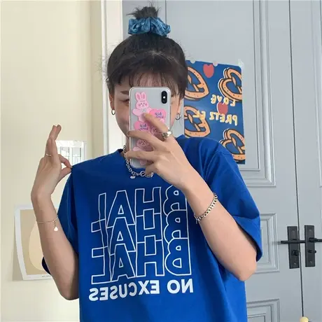 红续设计感小众克莱因蓝显白宽松纯棉短袖T恤女oversize上衣夏季商品大图