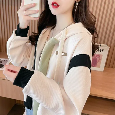 早秋华夫格薄款外套女春秋季新款韩版宽松小个子休闲短款开衫外套商品大图