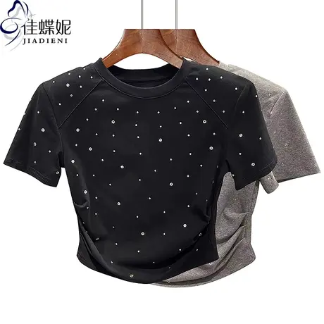 夏季新款圆领宽松休闲纯棉短款纯欲抽褶烫钻短袖体恤上衣女打底衫商品大图