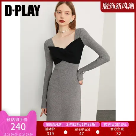 DPLAY秋装优雅灰黑撞色宫廷领立体扭结收腰针织连衣裙图片