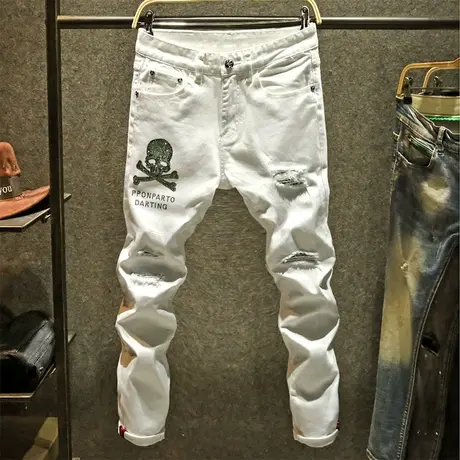 春夏季白色破洞牛仔裤男潮流修身裤子男士骷髅头烫钻设计师小脚裤商品大图