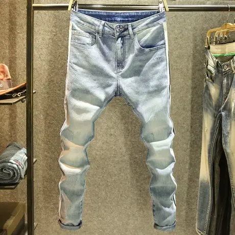 夏季织带拼接牛仔裤男款潮流修身小脚裤高街潮牌时尚百搭休闲长裤商品大图