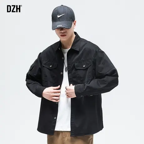 男士工装外套男春秋季潮牌纯棉翻领夹克黑色上衣宽松男装2023新款商品大图