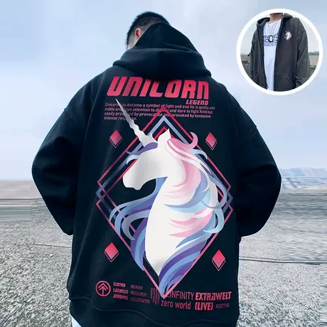 加肥加大码潮牌拉链连帽衫情侣装独角兽加绒胖子男装潮流开衫卫衣图片