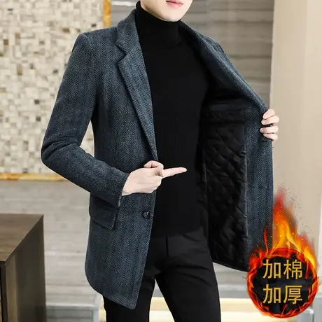 2021新款冬季毛呢大衣男中长款韩版加棉加厚保暖修身呢子外套风衣图片