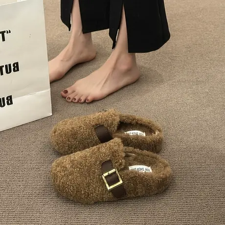 毛毛拖鞋女外穿2023年冬季新款一脚蹬平底懒人包头棉拖鞋网红爆款图片