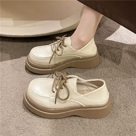 白色圆头小皮鞋女英伦风厚底单鞋2024年春秋季新款百搭小个子女鞋商品大图