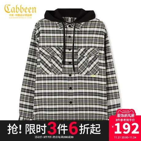 卡宾男装连帽格纹衬衫秋秋款宽松潮流衬衣外套街头W商品大图
