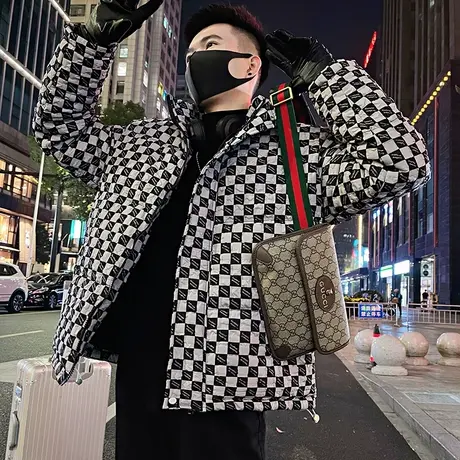 潮牌撞色棋盘格立领保暖棉服男款冬季修身小外套男冬装加厚2023图片