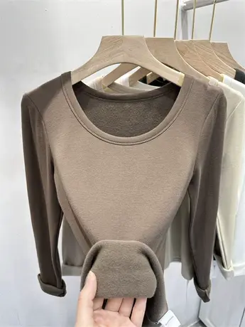 低圆领锁骨加绒加厚长袖T恤女2023秋冬季新款内搭百搭打底衫上衣商品大图