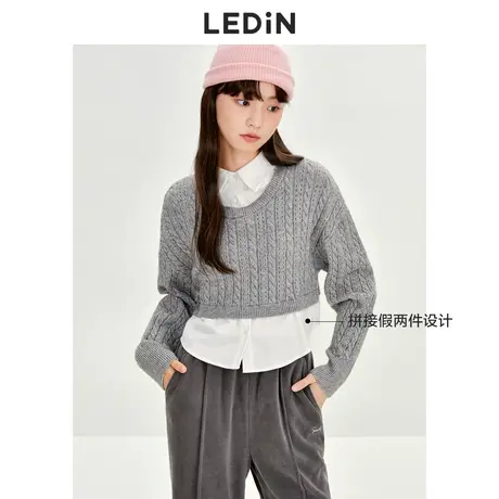 乐町拼接假两件上衣女休闲早秋新款女装绞花毛衣短款毛针织衫商品大图