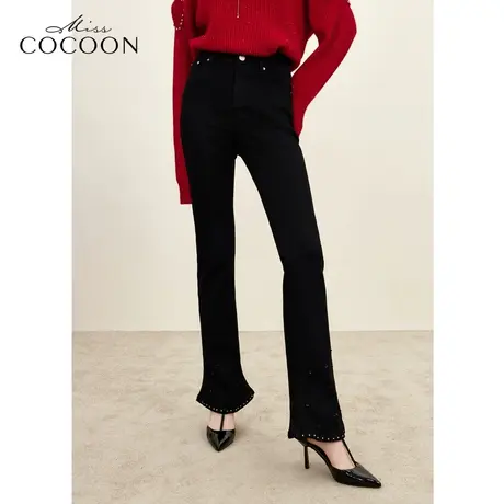 missCOCOON黑色紧身牛仔裤女2023秋季新款修身直筒休闲喇叭裤冬装商品大图