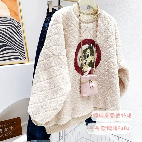 韩国东大门羊羔绒外套~ins软糯奶fufu蕾丝领加绒毛毛卫衣包臀大码商品大图