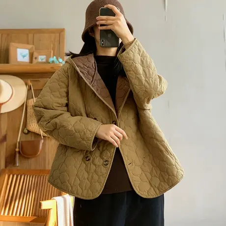 dza 复古几何图形连帽棉服上衣女冬新款宽松棉衣外套休闲短款棉袄图片