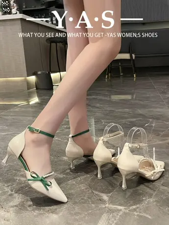 白色高跟鞋夏2024款舒适百搭一字扣小众单鞋法式尖头细跟伴娘鞋女图片