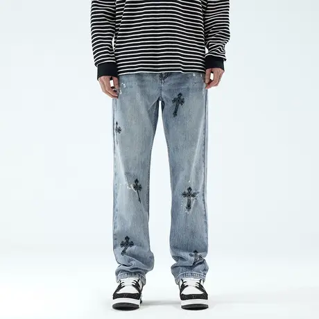 浅色水洗牛仔裤男潮牌宽松直筒美式休闲微喇叭春秋款痞帅裤子青年商品大图