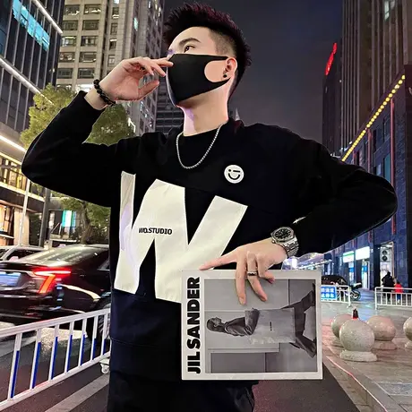 卫衣男春季2024新款重磅贴布刺绣字母设计感长袖t恤宽松痞帅上衣图片