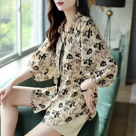 宝诗黎木耳领宽松印花新款春季雪纺衬衫女2024灯笼袖系带上衣衬衣商品大图